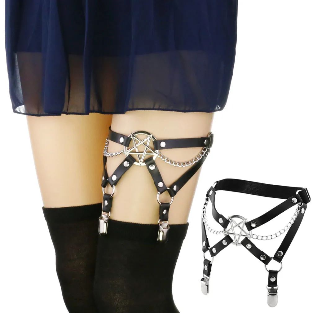 New Personalized Temperament Sexy Gothic Style Five Point Star Leather Thigh Ring Stage Performance Chain Elastic Garter