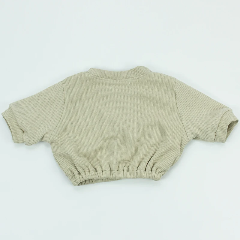 
High Quality Ins-Style Baby Newborn Clothes Top Light Grey oversize Waffle O-neck unisex shirts Waist with stretch 