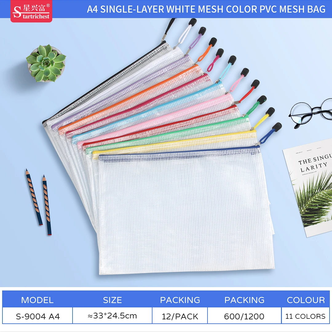 Custom Filing Products A4 Grid Zipper bag Wallets Folders PVC Transparent Mesh Document Bags for File Storage Paper Organization