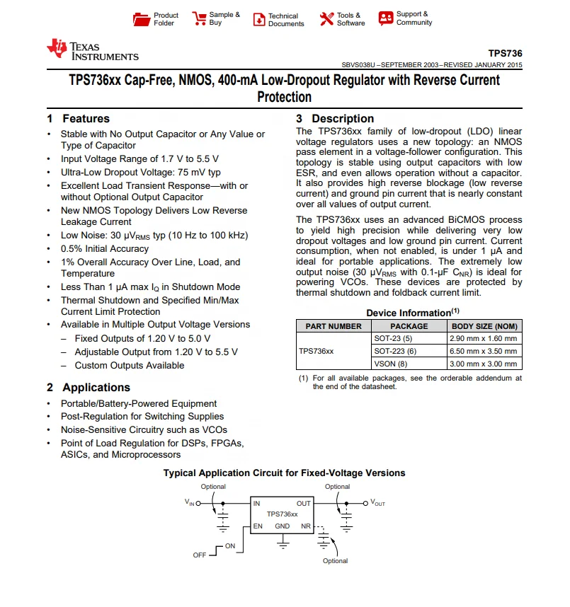 TPS73633DBVR Power Circuits LDO Regulator Pos 3.3V 0.4A 5-Pin SOT-23 T/R integrated circuits ic chip TPS73633DBVR