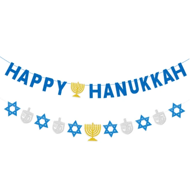 Custom Happy Hanukkah Candlestick Hexagonal star Paper/Felt Banners and flags garland for Jewish New Year Festival Party Decor