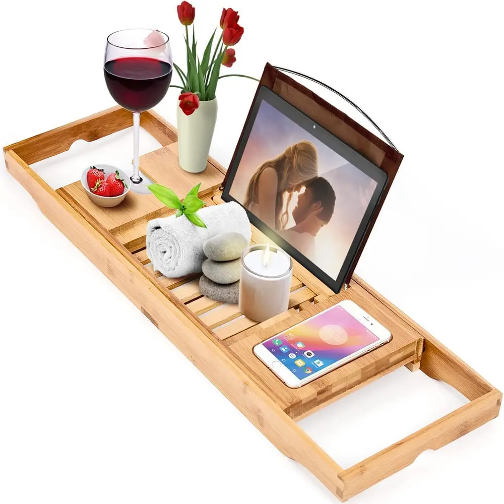 Bathroom Adjustable Wood Shower Wholesale Bamboo Luxury Bathtub Caddy Tray With Extending Side