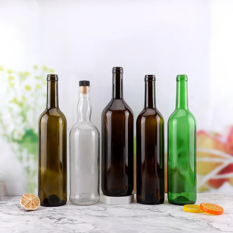 Hot sale 750ml transparent green brown wine soda glass bottle with cork