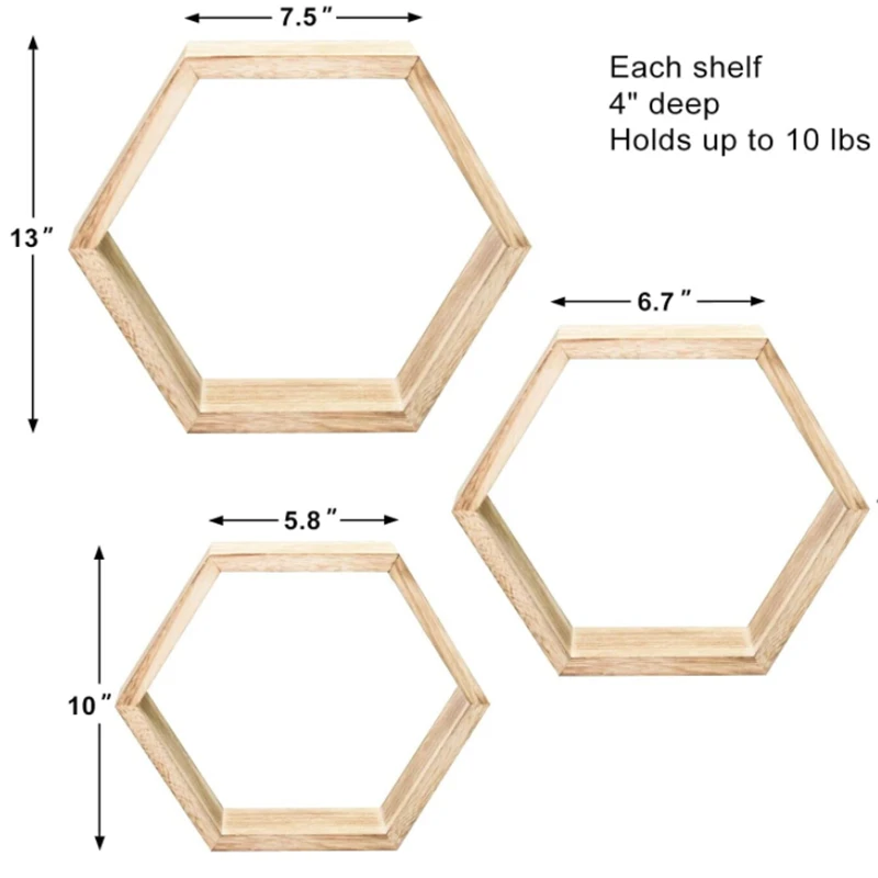Wholesale Hot Sale High Quality Hexagon Floating Wall Shelves Wooden Wall Mounted Shelves