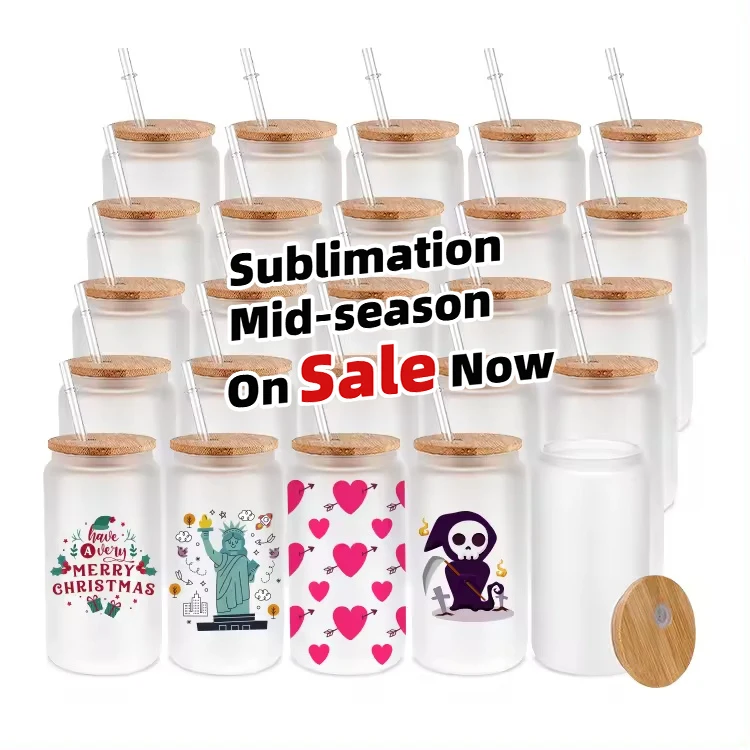 Mid-Year Sale Us Warehouse 16oz Frosted Clear Sublimation Glass Can Tumbler Sublimation Blank Glass Cup With Straw Bamboo Lid