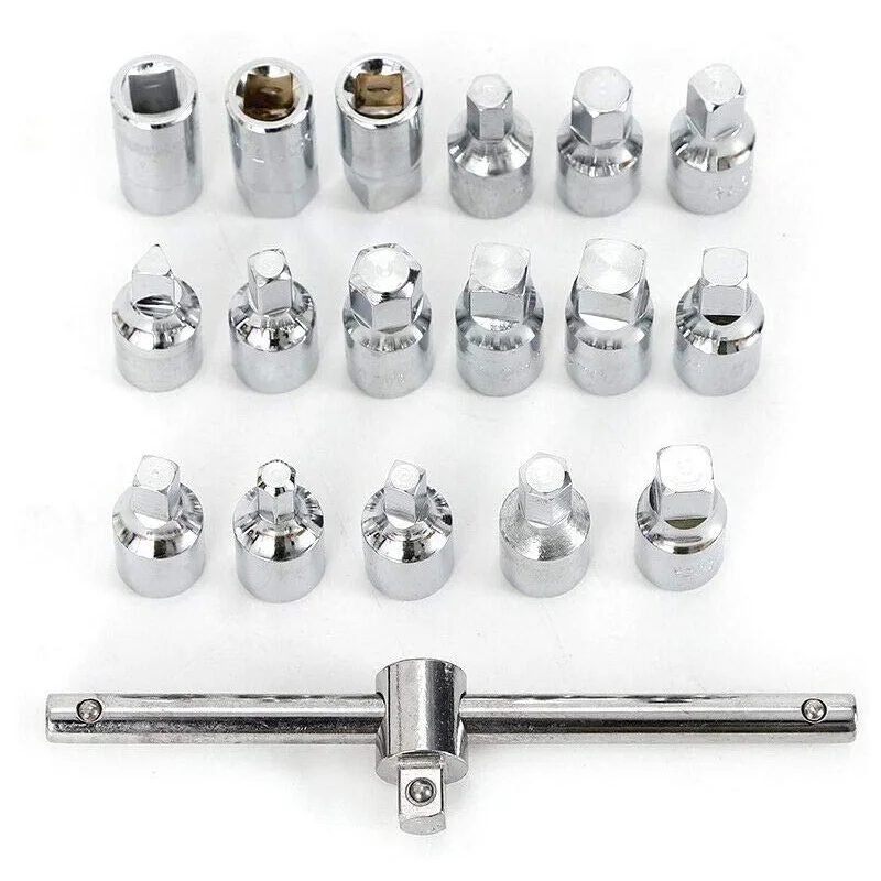 18 PCS Oil Drain Pipe Plug Socket Set Screws Removal Tool Triangle Square Hexagon T-bar Remover Sleeve Special Tools