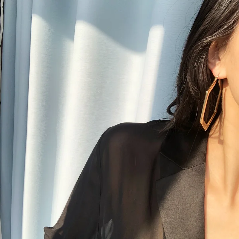 Black drop glaze large metal exaggerated square diamond hoop earrings