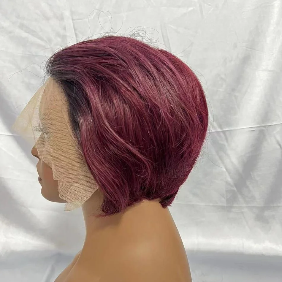 Brazilian Short Bob Pixie Cut Curly Wig Human Hair Bob Short Wine Color Pixie Hair Cuts 13*4*1 Lace Wig With Baby Hair