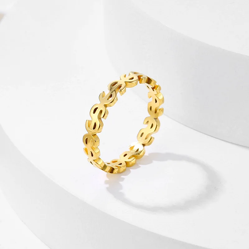 Personalized Stainless Steel Ring Women Fashion Hip Hop full Dollar Symbol Design Colorfast Finger Accessories Fine Jewelry
