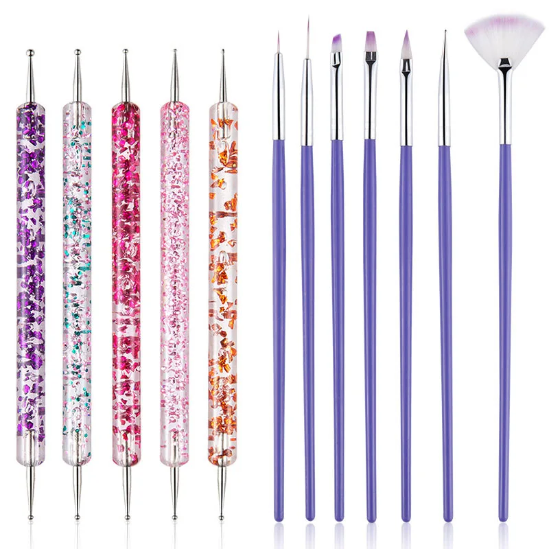 Nail Art Brush Design Tip Painting Drawing Carving Dotting Pen FlatFan Liner Acrylic Gel UV Polish Tool Manicure
