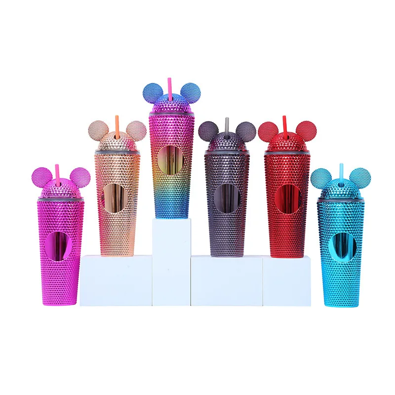 Wholesale Tumbler Cups Plastic Iridescent Matte Custom Logo Drinking Double Wall Studded Tumbler With Straw Mugs Water Bottle