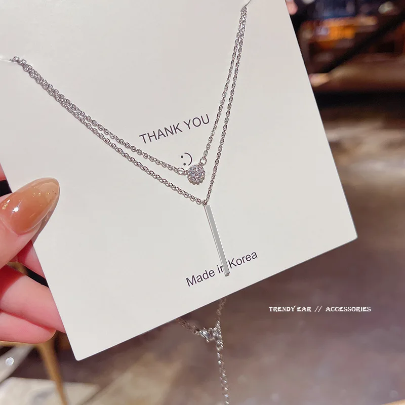 Classic Double Layer Stainless Steel Diamond Necklace Wholesale Women Crystal Tassel Pendant Necklaces