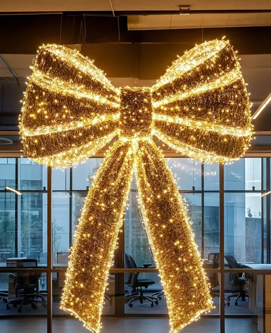 E-088 Hot Sale Gold Giant Bow Butterfly with LED Light Tinsel for Wedding Decoration Mall Center Display Party Stage Decor