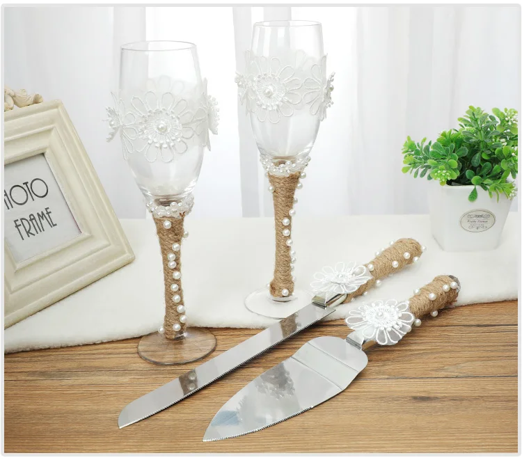 Wholesale cake knife set clear glass goblet wedding champagne glasses set