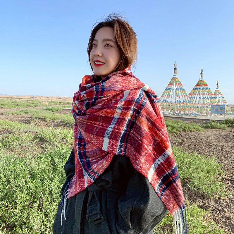 Autumn and winter new box contrast color thickening warm scarf cashmere fringed scarf women