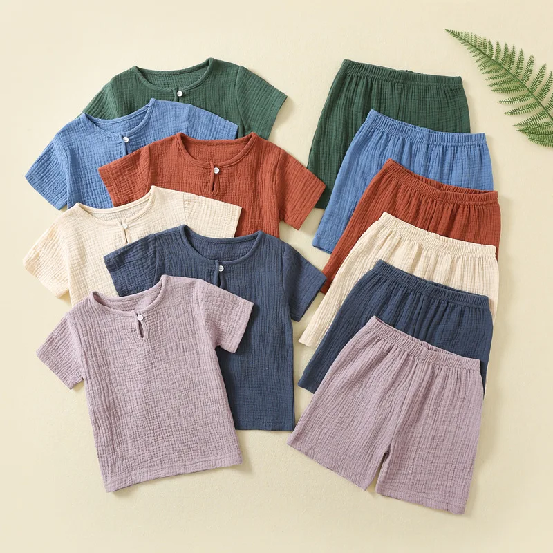 Factory Wholesale Baby Summer Pure Color Suit Baby Double-Decker Gauze Sets Baby Short Sleeve Thin Button Sets