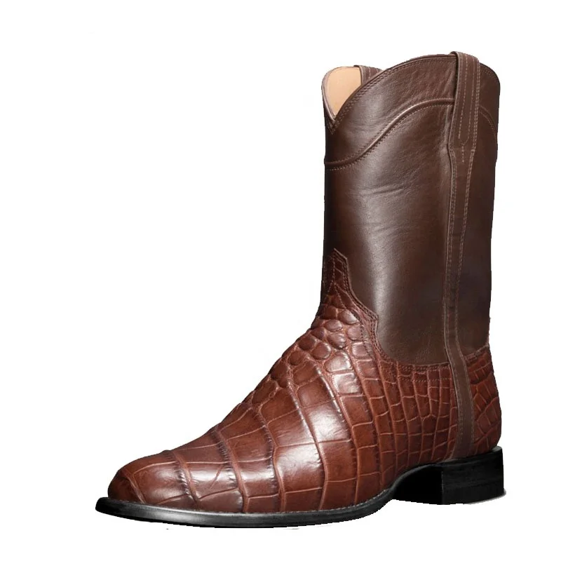 
dropshipping Outdoor retro men leather riding boots Eu American style mid calf crocodile pattern cowboy boots big size men shoes 