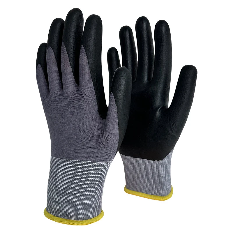 15 Gauge Grey Nylon and Spandex Knitting Black Nitrile Foam Palm Coated Gloves