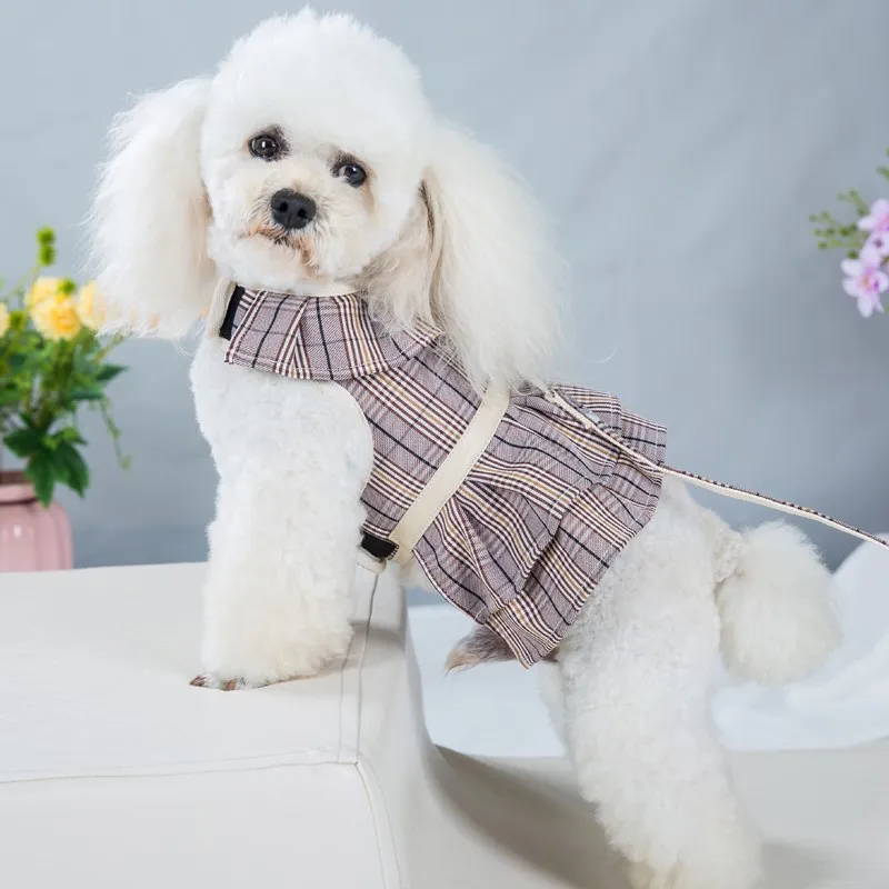 Luxury Dog Harness Pet Apparels Dog Couple Clothes Plaid Cat Puppy Small Dogs Harness Dress Bowknot Vest Harness with Leash Set