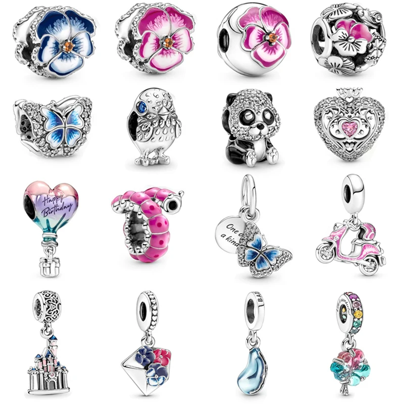 2022 Spring Pansy Series Clip Castle Pendant S925 Sterling Silver DIY Gift Cute Panda Chick Charm Fit Bracelet Jewelry