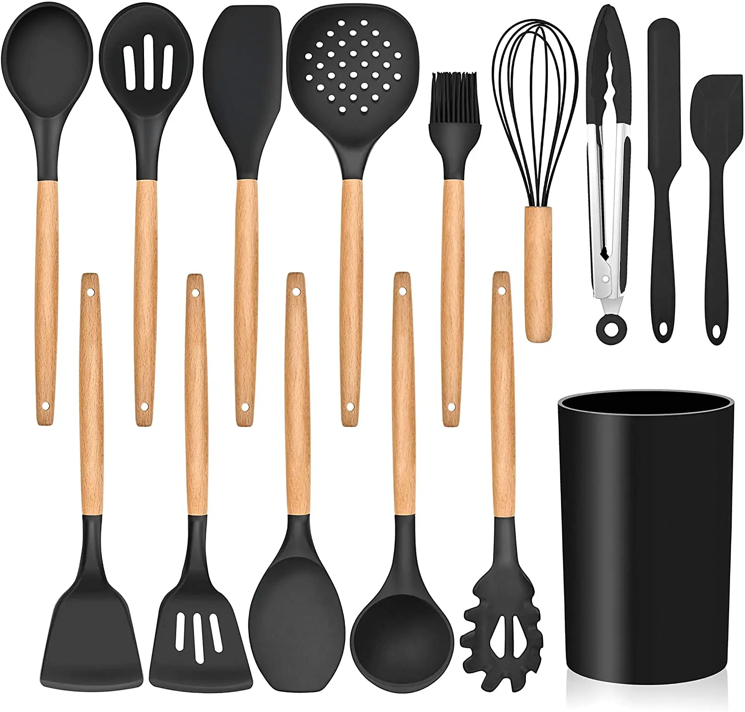 Silicone Kitchen Cooking Utensils Set with Wooden Handle Kitchen Tools Include Spatula Tong Slotted Spoon Turner Whisk Brush