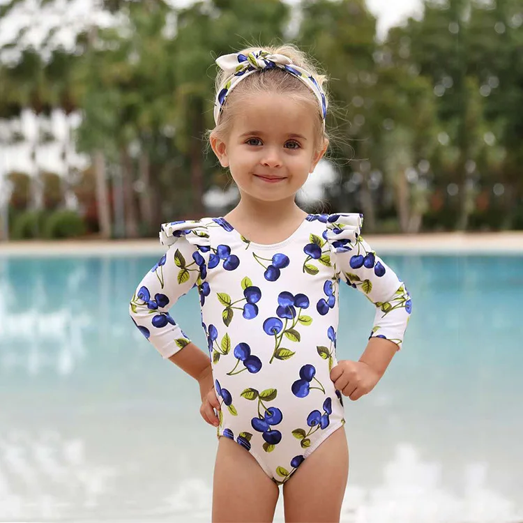 High Quality Girls One Piece Long Sleeves Swimsuit Custom Children Swimwear for Kids Swimming