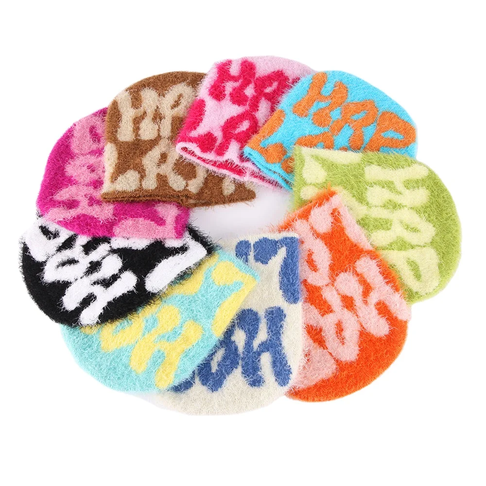 Hot Sale Unisex Y2K Style Sport Skull Beanie Jacquard Fuzzy Mohair Knit Winter Hat 3D Embroidery Custom Design for Beach Travel