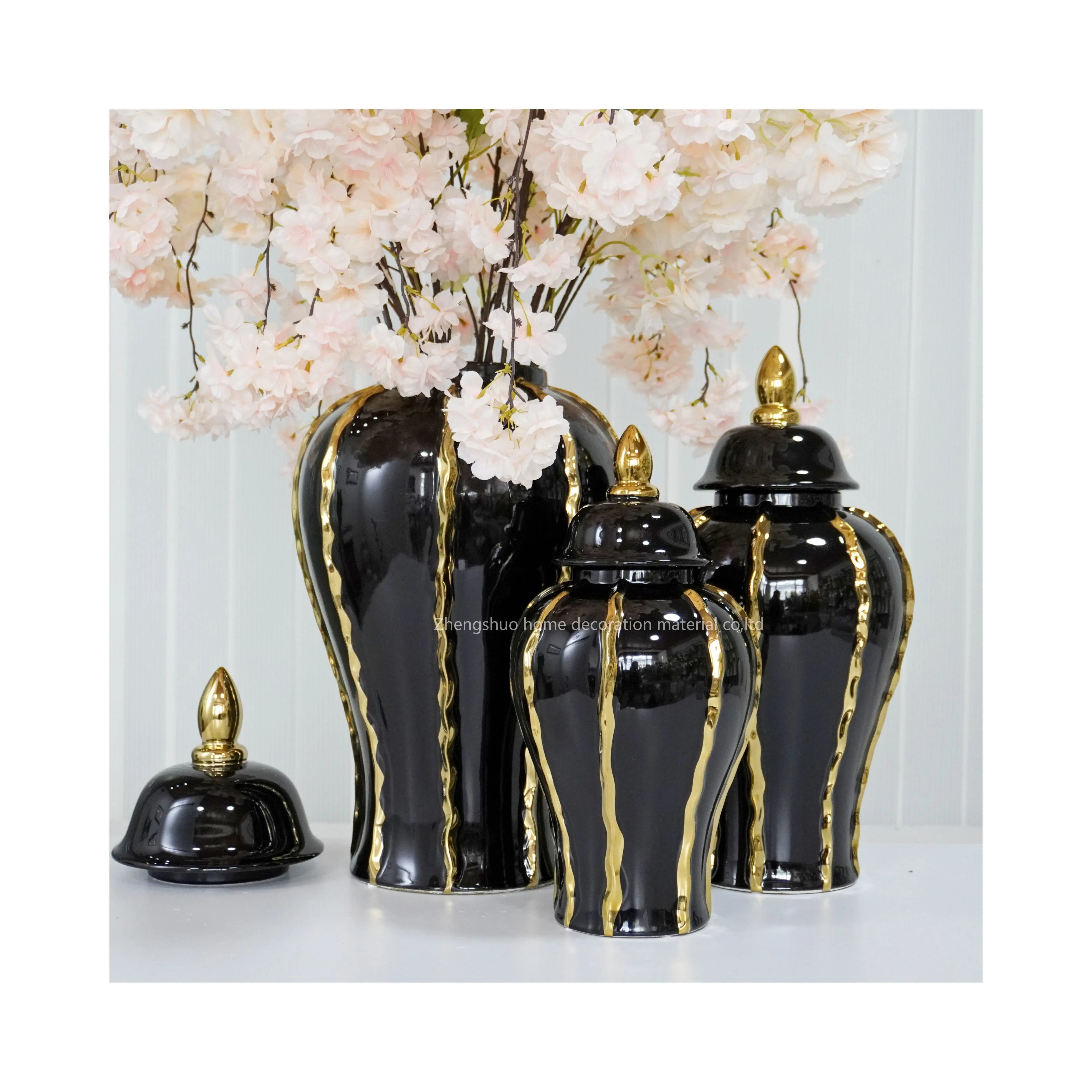Factory wholesale decoration vases decorative ginger jar black with gold thread ginger jar home wedding decoration
