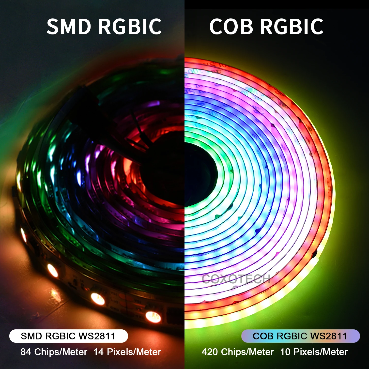 coxo addressable app control running dmx512 spi 5v snake 24v ws2811 rgbic digital cob led strip lights multi color