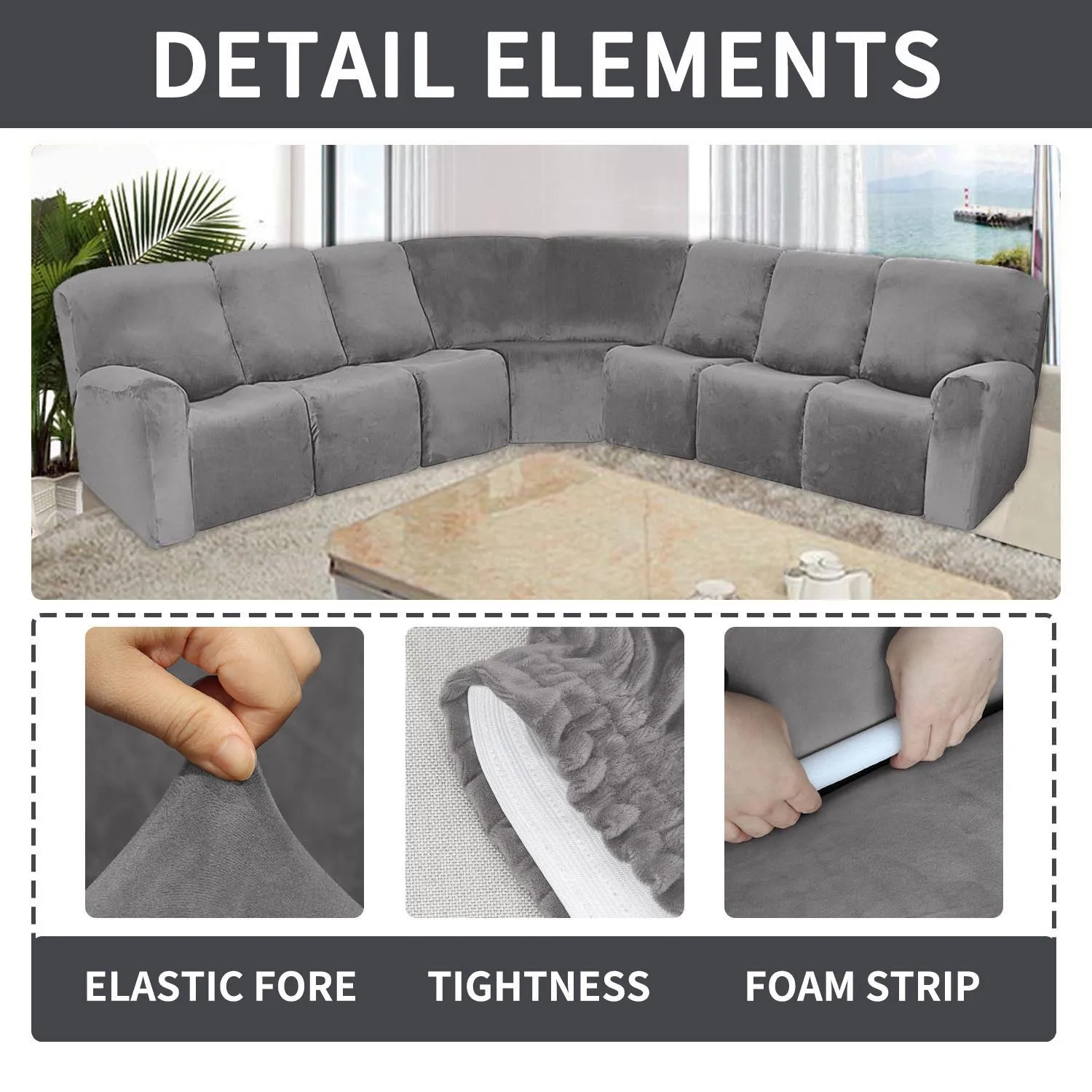 7 seat L Shape Sofa Covers, manufacturer l shape Velvet Elastic sectional sofa cover for Reclining L Shape Sofa, Slip
