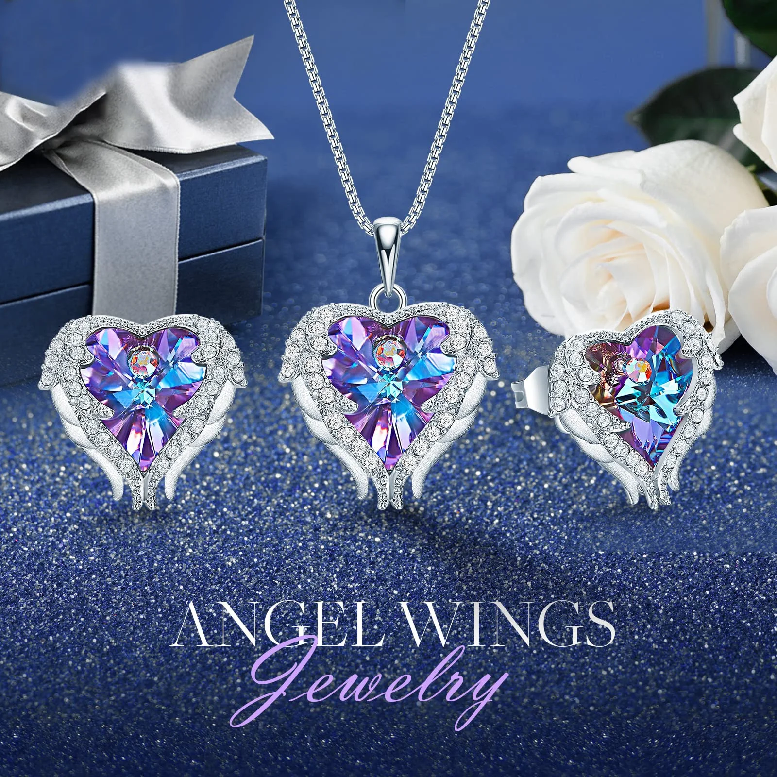 Fine Jewelry 925 Sterling Silver Peach Heart Crystal Diamond Angel Wings Love Necklace And Earrings Set