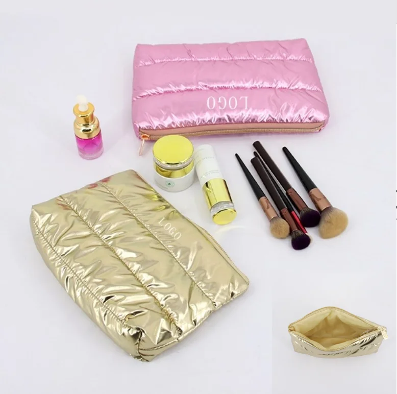 Shiny Quilted Puffy Cosmetic Case Nylon Padded Skin Makeup Bag Women Girl Skin Care Preppy Makeup Zipper Storage Pouch Case