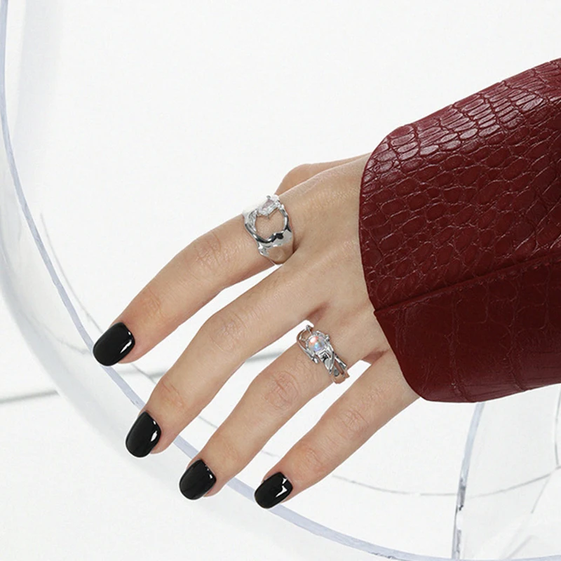 WuQie Black Onyx Rings and Synthetic Moonstone Open Ring 925 Sterling Silver Gemstone Ring