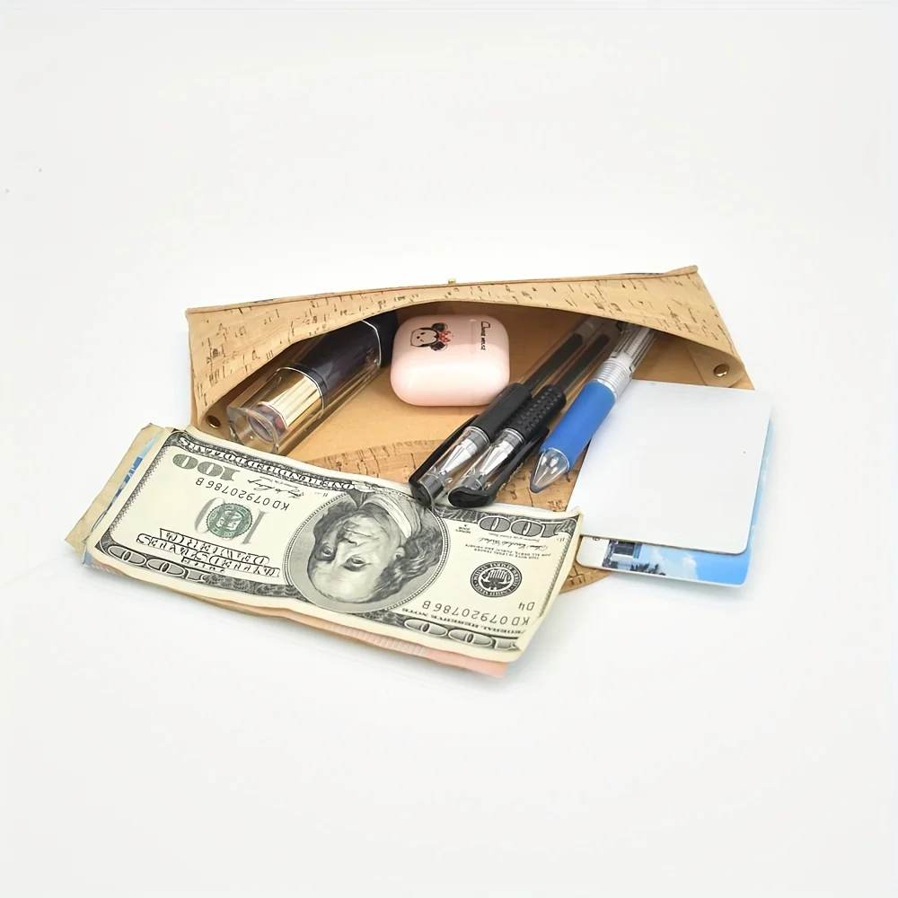 Retro Pattern Long Flap Cork Purse Multifunctional Cork Pencil Case With Button Textured Cork Wallet