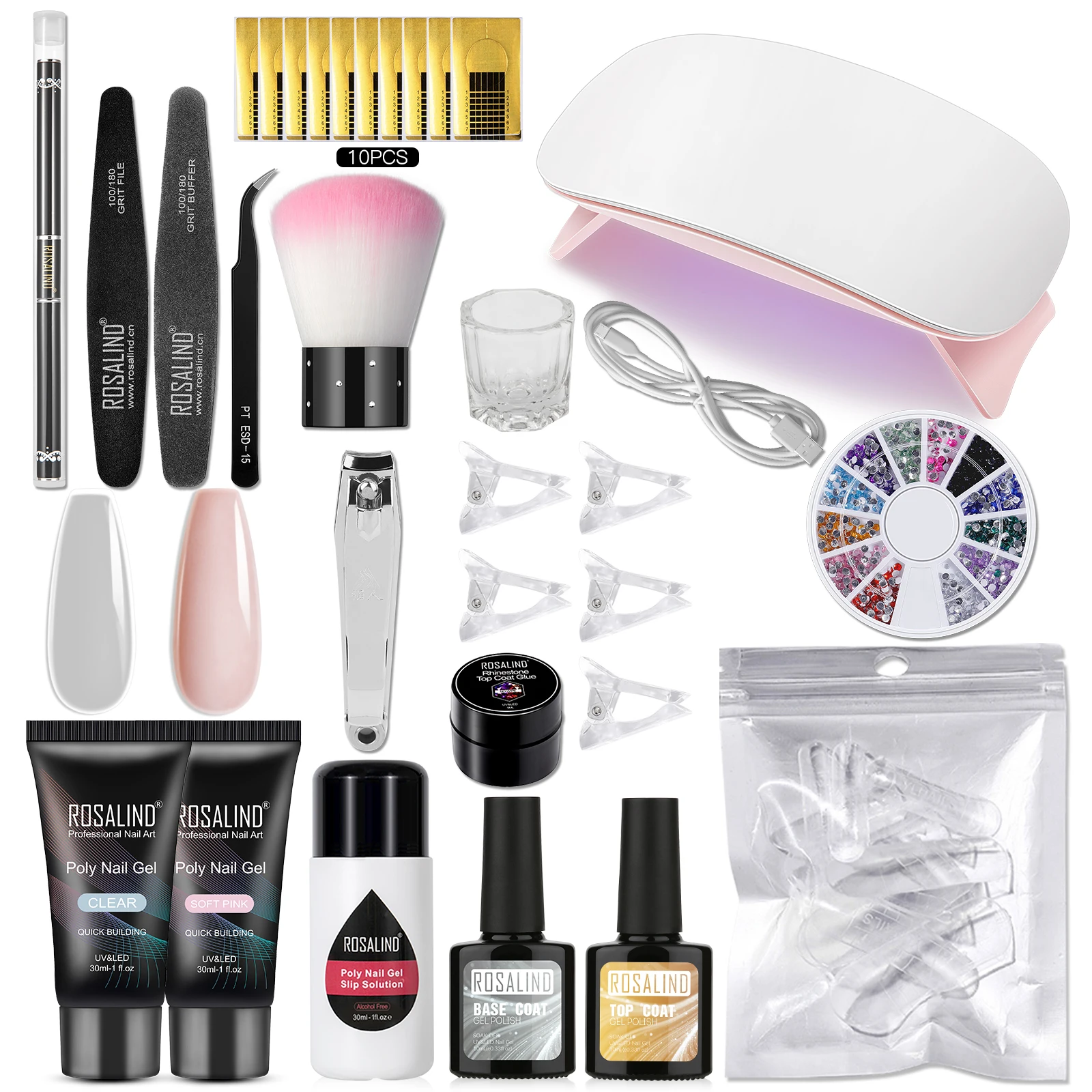 Private Label pink poly gel acrylic nail top coat set extension starter uv lamp set/nail set kit with uv lamp for wholesale