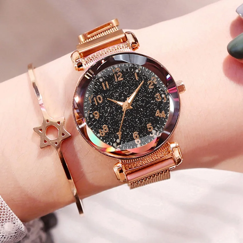 
Fashion Women Watches Luminous Luxury Elegant Magnet Buckle Ladies Wristwatch Rose Gold New Starry Sky Rhinestone Clock Relogio 