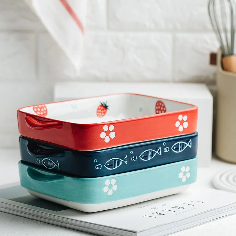 Jade-cer Hand-painted nordic style rectangle ceramic cake bread food baking pan with two handles