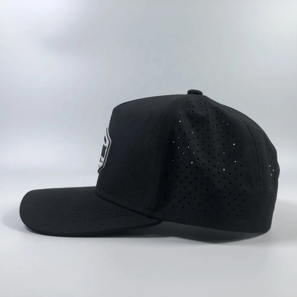 OEM high quality fashion black 5 panel polyester waterproof sport hat custom rubber pvc patch logo laser cut baseball cap
