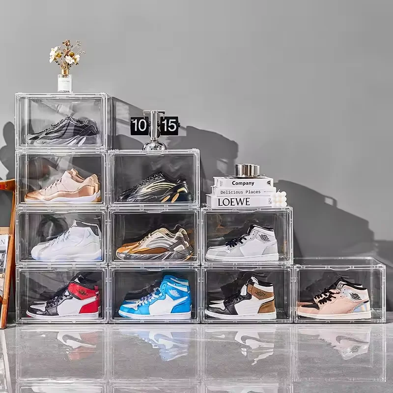 Home Transparent Acrylic Side Drop Display Stand Stackable Sneakers Cabinet Magnetic Shoes Storage Boxes for Shoes Organizers