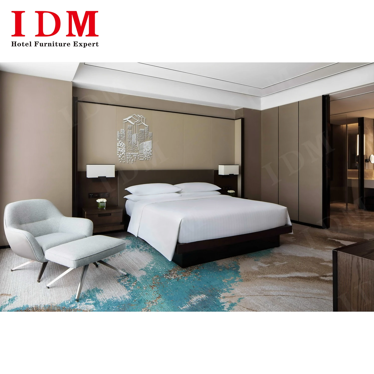 Modern deluxe commercial luxurious hotel bedroom furniture set with pillow sleeping double bed for hotel room furniture