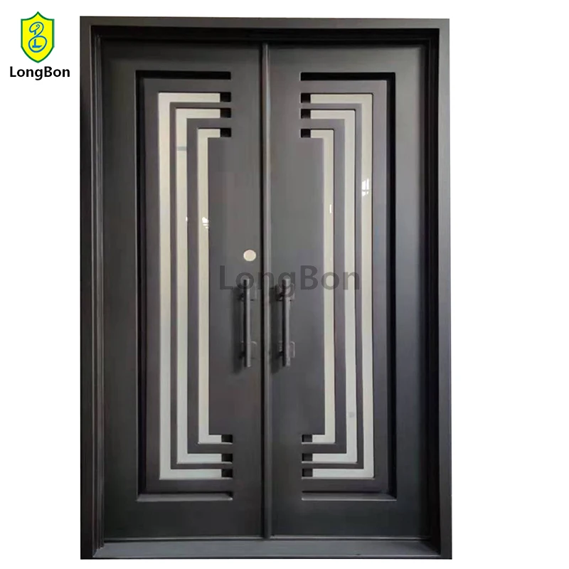 Entrance Doors Wrought Metal Front Door Glass Swing Iron Double Entry Doors Exterior Designs Modern for Home Steel Anti-theft
