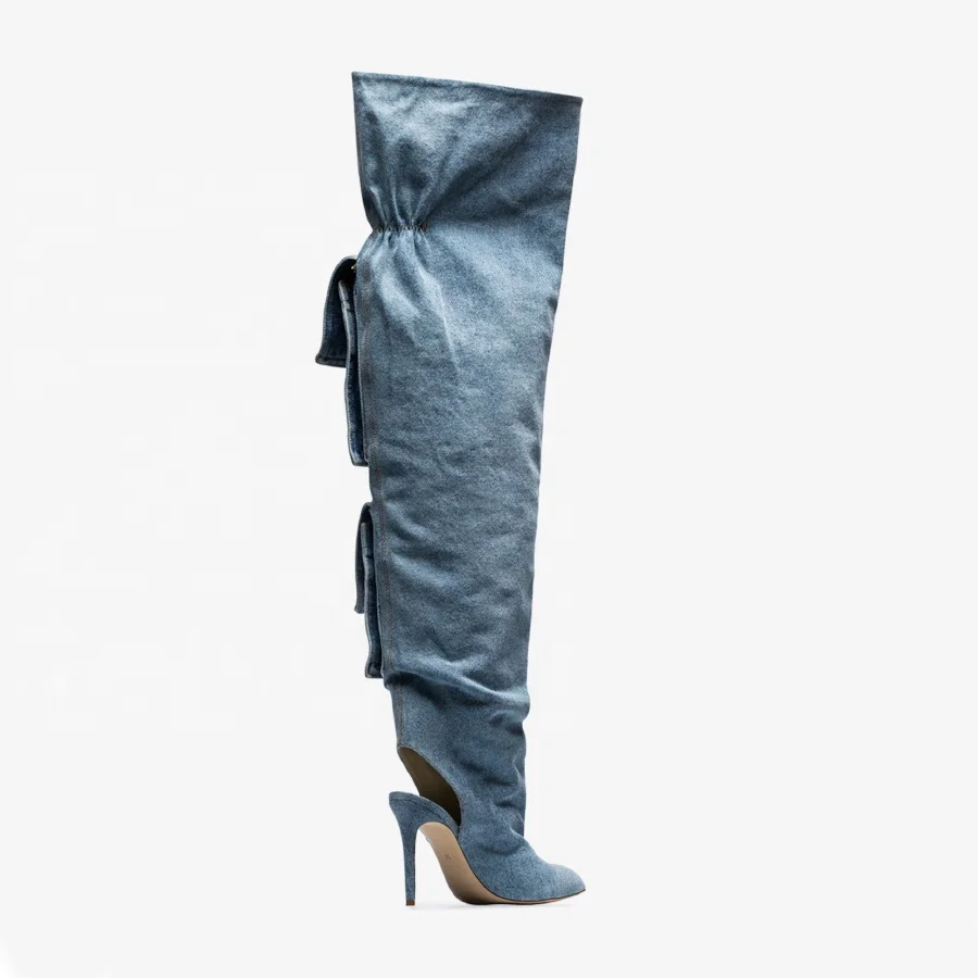 high quality lady shoes accept customize leather zip up baggy boots blue over the knee high heel women denim boots