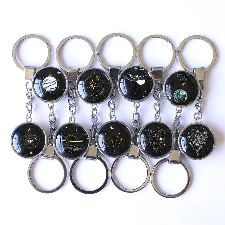 
Cheap Custom Photo Double-sided Round Black Starry Sky Crystal Glass Keychain 