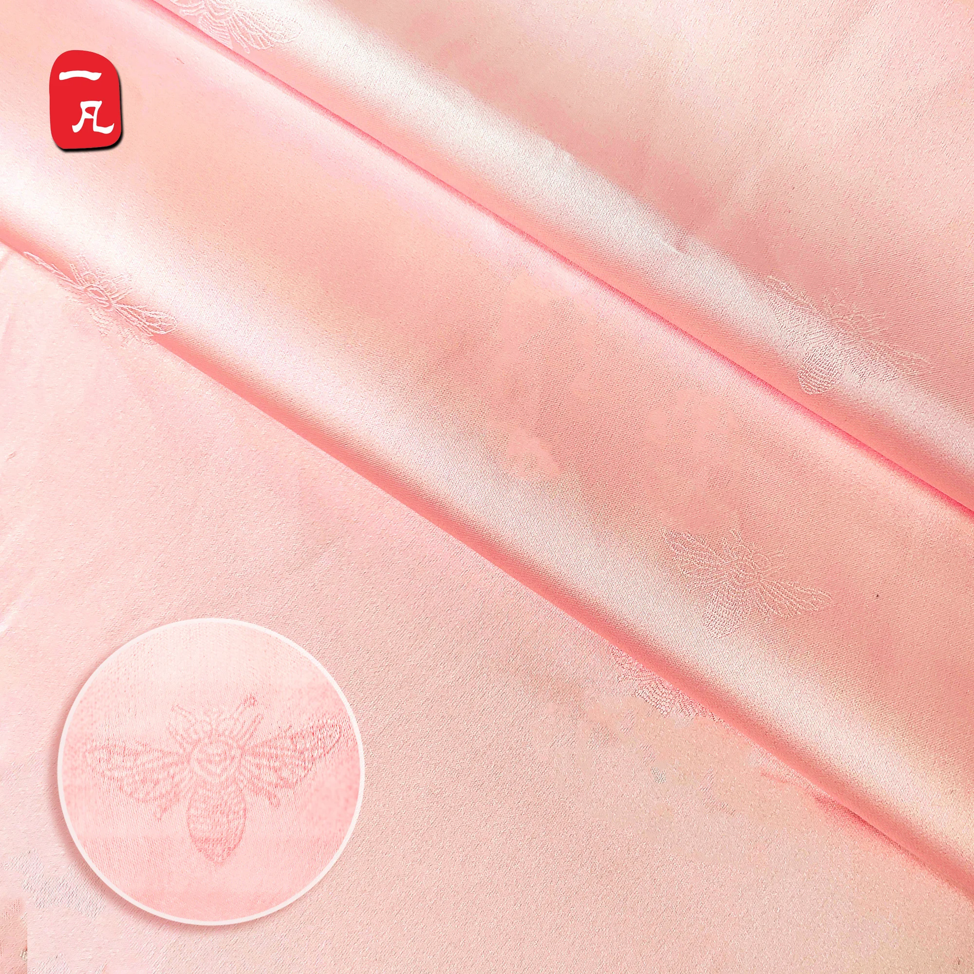 Classical Pink bee print Soft 96%Polyester 4% Spandex Satin Jacquard fabric for Party Dress Sleeping Wear