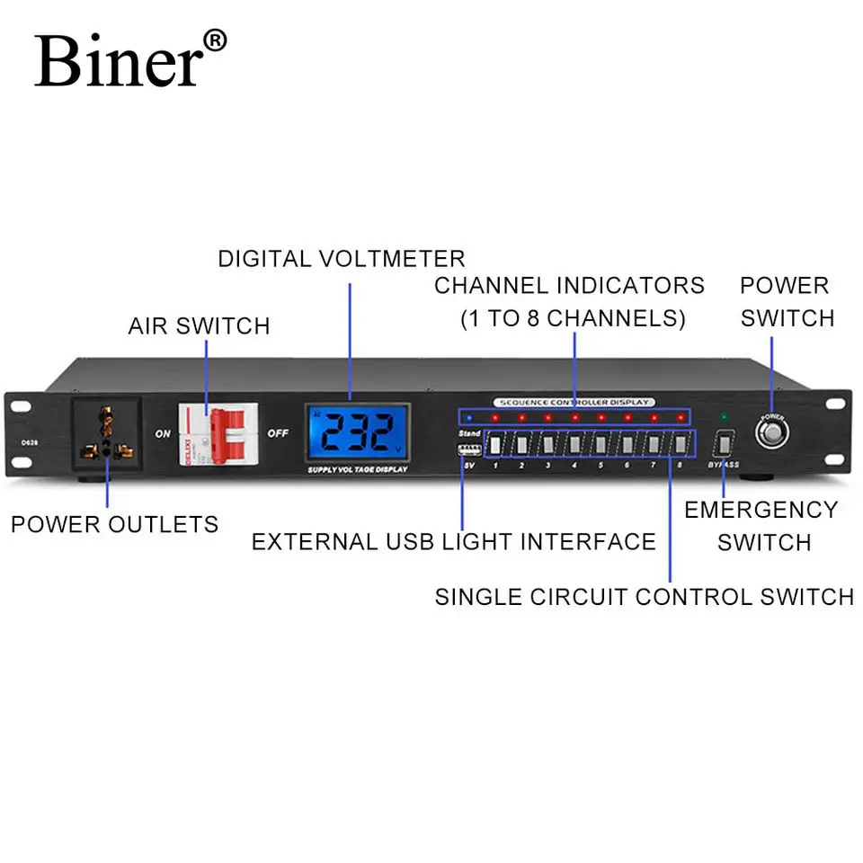 OEM D628 Professional 9 Channel Audio Power Sequencer For Karaoke Sound Speaker System