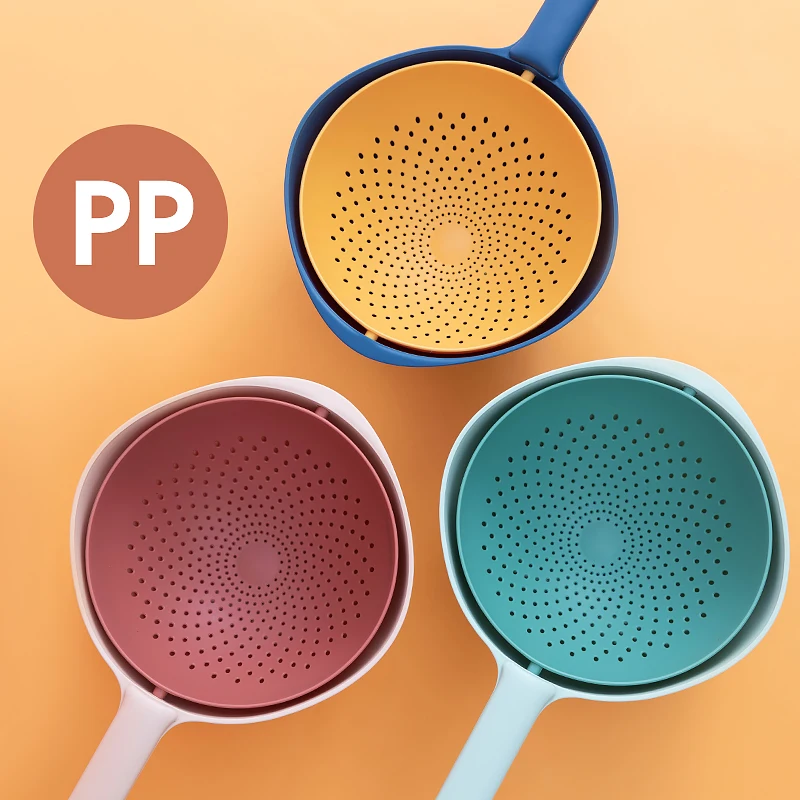 Double-Tier Plastic Kitchen Fruit Vegetable Drainer Colander Basket With Long Handle Rotating Plastic Drain Basket