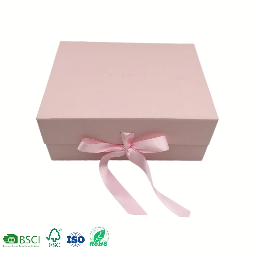 Custom Pink Rigid Paper Cardboard Packaging Magnetic Folding Paper Mothers Day Wedding Magnetic Ribbon Closure Luxury Gift Box