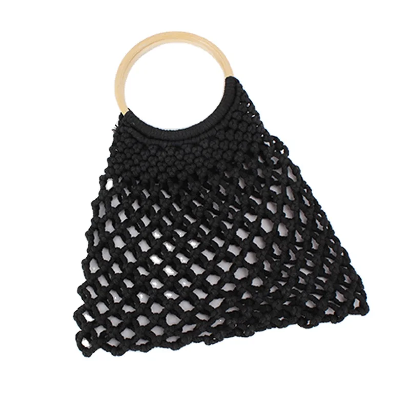 straw Cotton Rope Bag Summer Travel Beach Bag Handmade Cotton Woven Rope Bags For Women