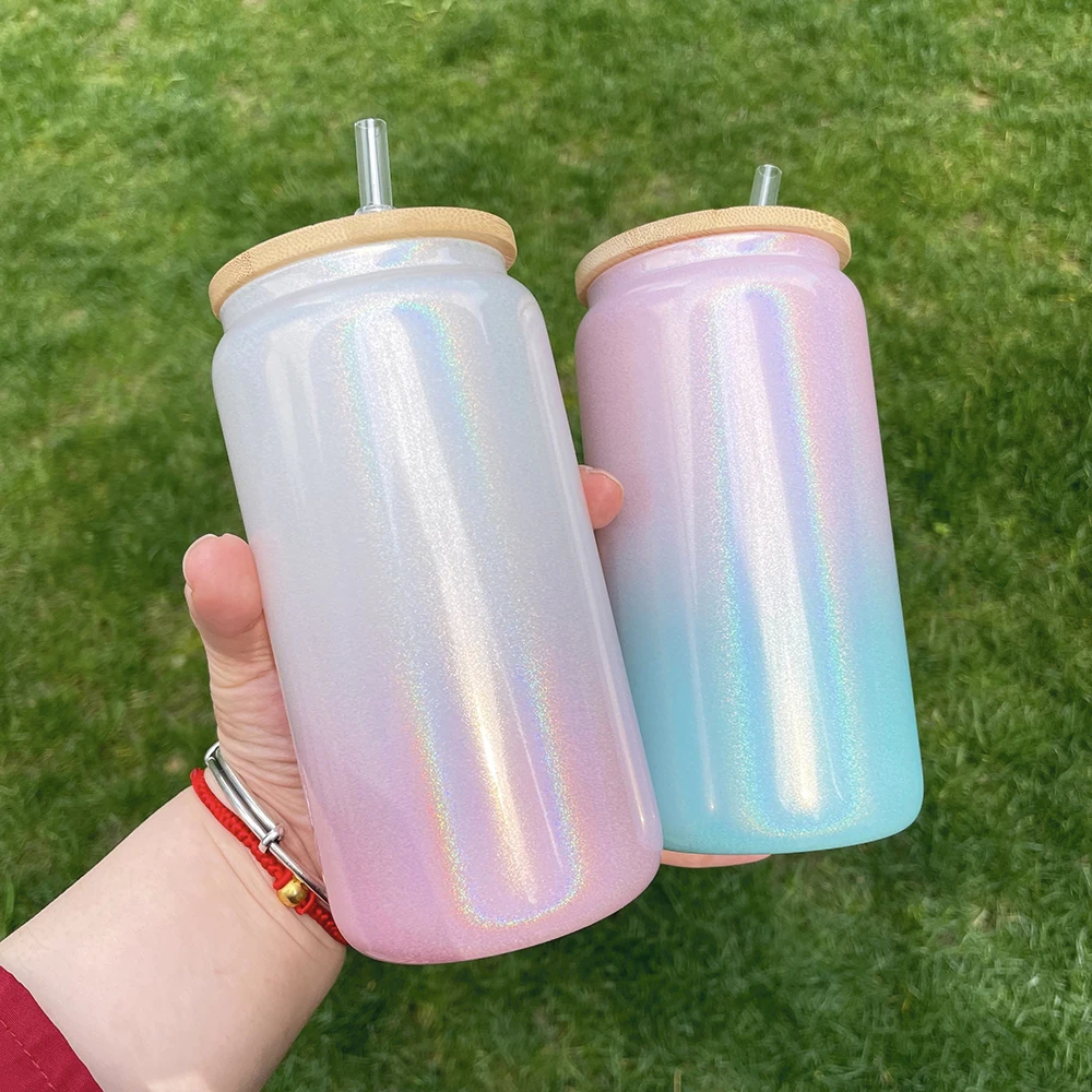 Bling Lid rainbow shimmer gradient glitter glass beer Can 16oz Sublimation Soda Can Shaped Glass with Bamboo Lid and PP Straw