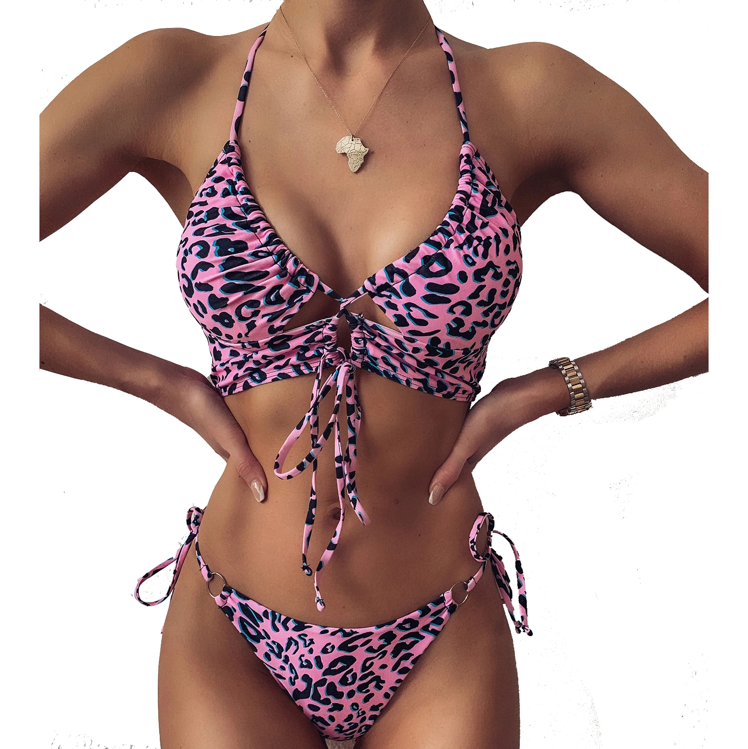 
Green Leopard Tie Side Bikinis Sexy Woman Swimwear Micro Thong Bikini 
